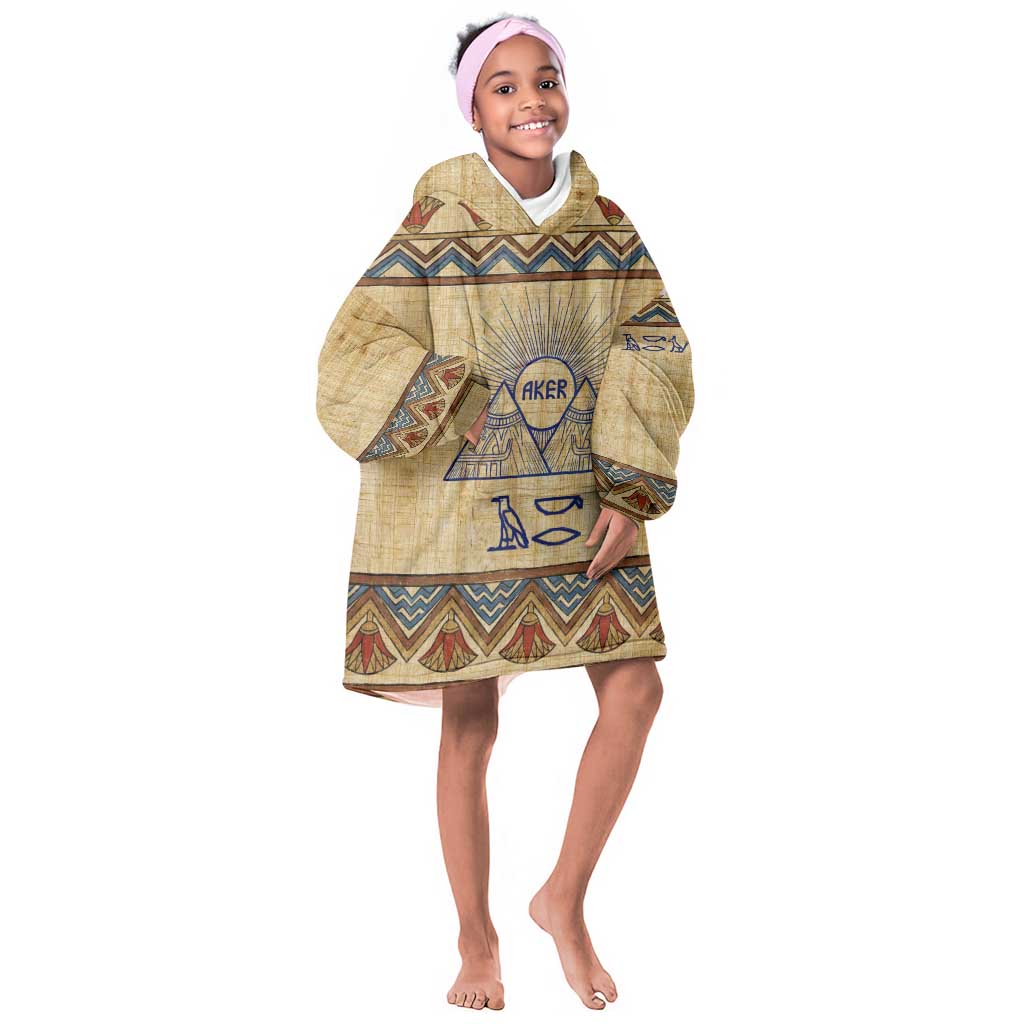Aker Ancient Egyptian Kid Wearable Blanket Hoodie with Hieroglyphic Pattern, Pyramid Symbol, and Twin Lion Guardians Motif - African Pride