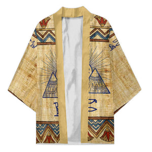 Aker Ancient Egyptian Kimono with Hieroglyphic Pattern, Pyramid Symbol, and Twin Lion Guardians Motif - African Pride