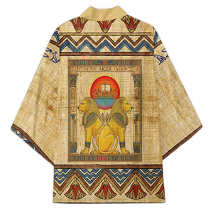 Aker Ancient Egyptian Kimono with Hieroglyphic Pattern, Pyramid Symbol, and Twin Lion Guardians Motif - African Pride