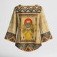 Aker Ancient Egyptian Kimono Sleeve Blouse with Hieroglyphic Pattern, Pyramid Symbol, and Twin Lion Guardians Motif - African Pride