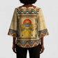 Aker Ancient Egyptian Kimono Sleeve Blouse with Hieroglyphic Pattern, Pyramid Symbol, and Twin Lion Guardians Motif - African Pride