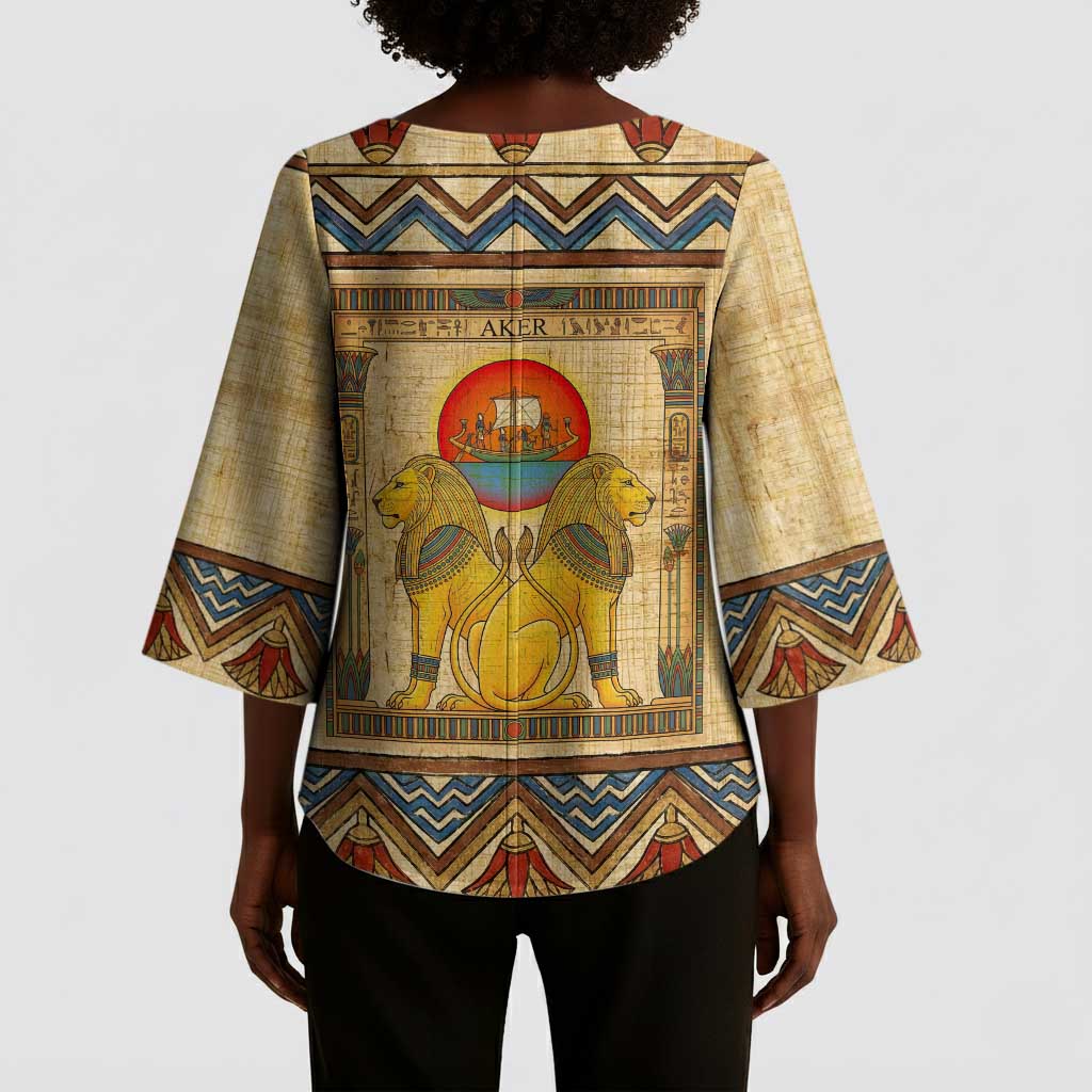 Aker Ancient Egyptian Kimono Sleeve Blouse with Hieroglyphic Pattern, Pyramid Symbol, and Twin Lion Guardians Motif - African Pride