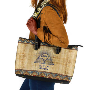 Aker Ancient Egyptian Leather Tote Bag with Hieroglyphic Pattern, Pyramid Symbol, and Twin Lion Guardians Motif - African Pride