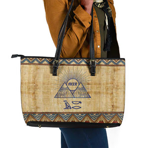 Aker Ancient Egyptian Leather Tote Bag with Hieroglyphic Pattern, Pyramid Symbol, and Twin Lion Guardians Motif - African Pride