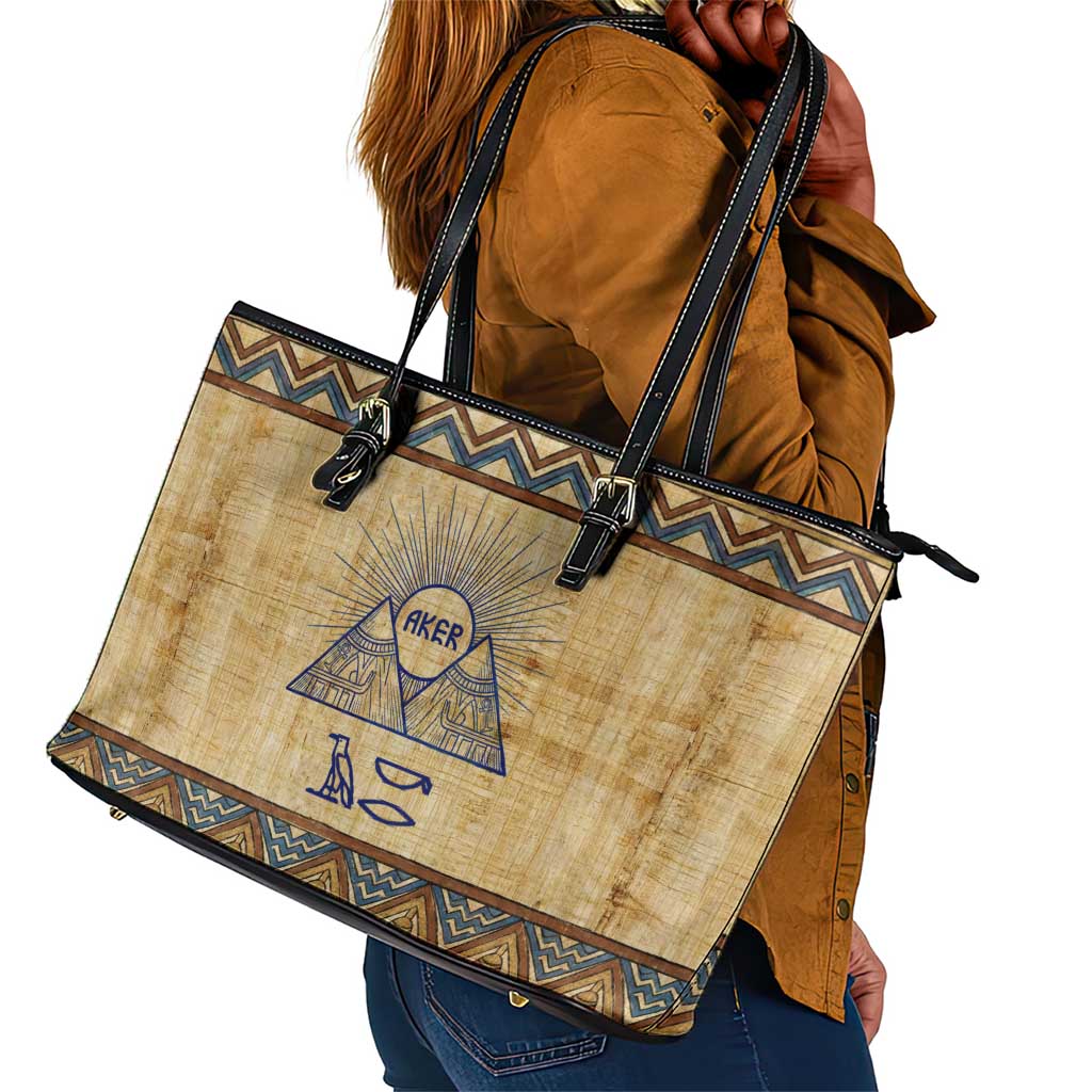 Aker Ancient Egyptian Leather Tote Bag with Hieroglyphic Pattern, Pyramid Symbol, and Twin Lion Guardians Motif - African Pride