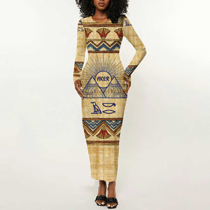 Aker Ancient Egyptian Long Sleeve Bodycon Dress with Hieroglyphic Pattern, Pyramid Symbol, and Twin Lion Guardians Motif - African Pride