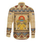 Aker Ancient Egyptian Long Sleeve Button Shirt with Hieroglyphic Pattern, Pyramid Symbol, and Twin Lion Guardians Motif - African Pride
