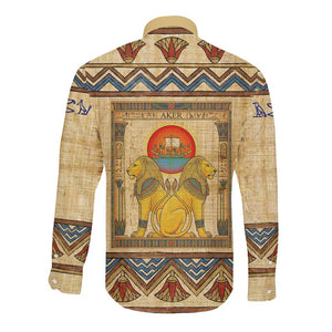 Aker Ancient Egyptian Long Sleeve Button Shirt with Hieroglyphic Pattern, Pyramid Symbol, and Twin Lion Guardians Motif - African Pride