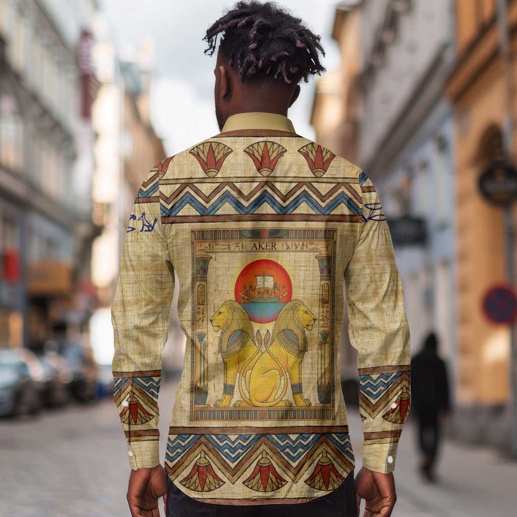 Aker Ancient Egyptian Long Sleeve Button Shirt with Hieroglyphic Pattern, Pyramid Symbol, and Twin Lion Guardians Motif - African Pride