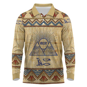 Aker Ancient Egyptian Long Sleeve Polo Shirt with Hieroglyphic Pattern, Pyramid Symbol, and Twin Lion Guardians Motif - African Pride