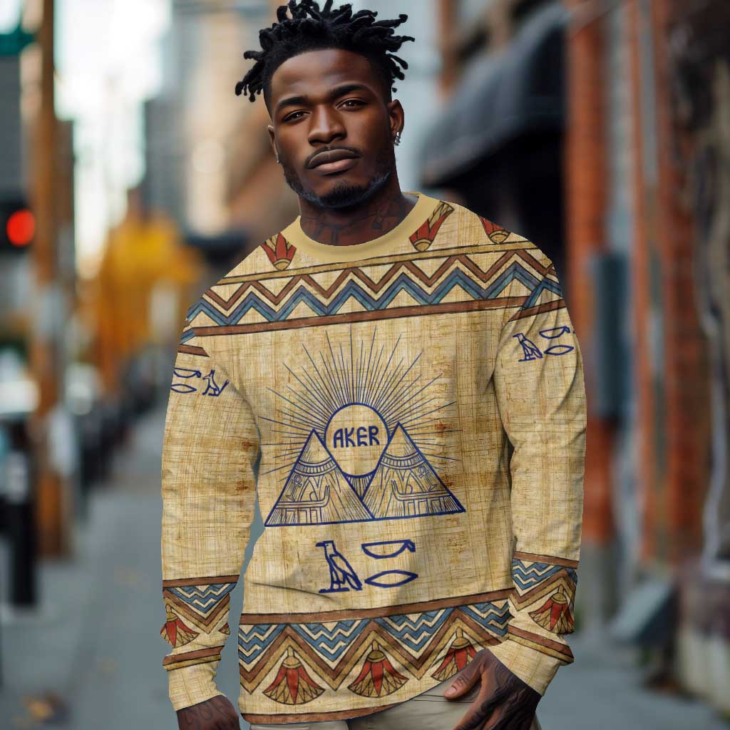 Aker Ancient Egyptian Long Sleeve Shirt with Hieroglyphic Pattern, Pyramid Symbol, and Twin Lion Guardians Motif - African Pride