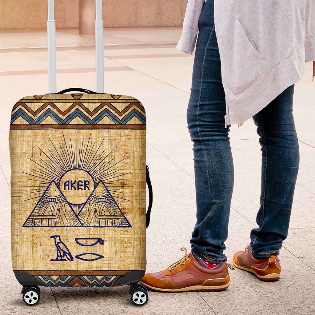 Aker Ancient Egyptian Luggage Cover with Hieroglyphic Pattern, Pyramid Symbol, and Twin Lion Guardians Motif - African Pride