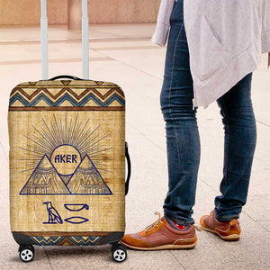 Aker Ancient Egyptian Luggage Cover with Hieroglyphic Pattern, Pyramid Symbol, and Twin Lion Guardians Motif - African Pride
