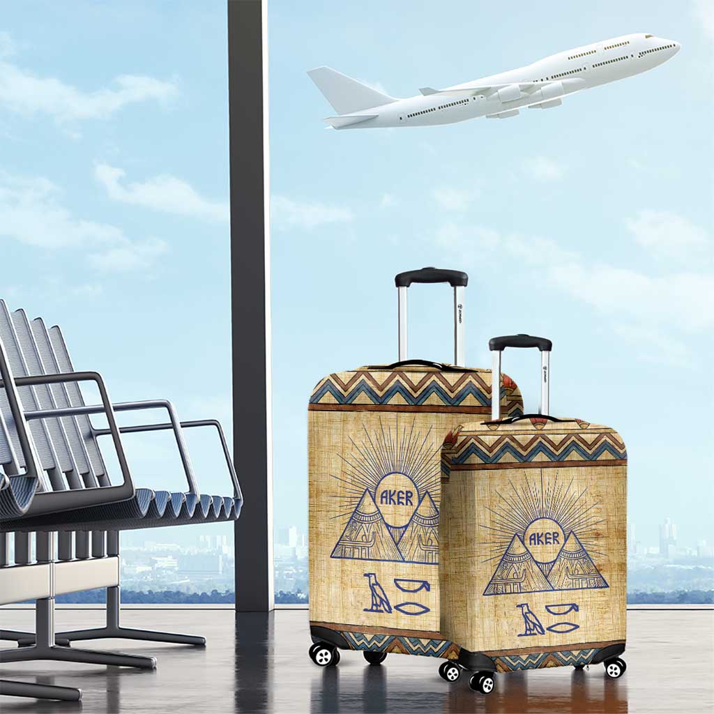 Aker Ancient Egyptian Luggage Cover with Hieroglyphic Pattern, Pyramid Symbol, and Twin Lion Guardians Motif - African Pride