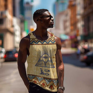 Aker Ancient Egyptian Men Tank Top with Hieroglyphic Pattern, Pyramid Symbol, and Twin Lion Guardians Motif - African Pride