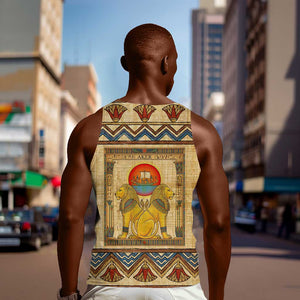 Aker Ancient Egyptian Men Tank Top with Hieroglyphic Pattern, Pyramid Symbol, and Twin Lion Guardians Motif - African Pride