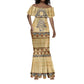 Aker Ancient Egyptian Mermaid Dress with Hieroglyphic Pattern, Pyramid Symbol, and Twin Lion Guardians Motif - African Pride