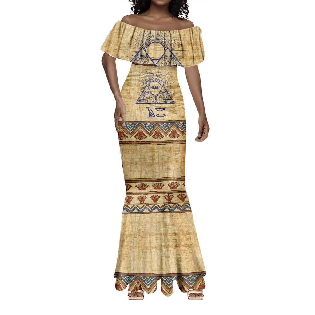 Aker Ancient Egyptian Mermaid Dress with Hieroglyphic Pattern, Pyramid Symbol, and Twin Lion Guardians Motif - African Pride