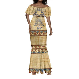 Aker Ancient Egyptian Mermaid Dress with Hieroglyphic Pattern, Pyramid Symbol, and Twin Lion Guardians Motif - African Pride