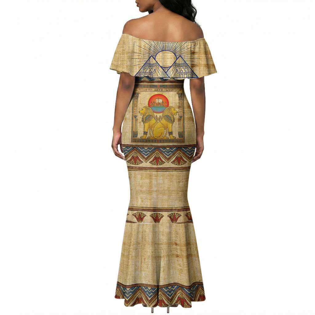 Aker Ancient Egyptian Mermaid Dress with Hieroglyphic Pattern, Pyramid Symbol, and Twin Lion Guardians Motif - African Pride