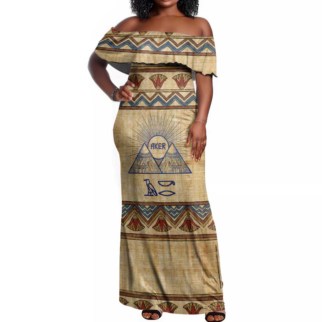 Aker Ancient Egyptian Off Shoulder Maxi Dress with Hieroglyphic Pattern, Pyramid Symbol, and Twin Lion Guardians Motif - African Pride