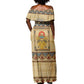 Aker Ancient Egyptian Off Shoulder Maxi Dress with Hieroglyphic Pattern, Pyramid Symbol, and Twin Lion Guardians Motif - African Pride