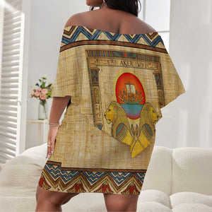 Aker Ancient Egyptian Off Shoulder Short Dress with Hieroglyphic Pattern, Pyramid Symbol, and Twin Lion Guardians Motif - African Pride