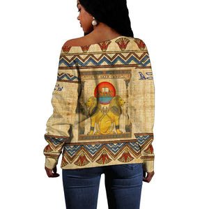 Aker Ancient Egyptian Off Shoulder Sweater with Hieroglyphic Pattern, Pyramid Symbol, and Twin Lion Guardians Motif - African Pride