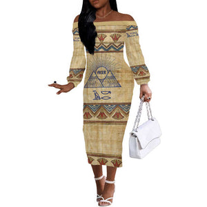 Aker Ancient Egyptian Off The Shoulder Long Sleeve Dress with Hieroglyphic Pattern, Pyramid Symbol, and Twin Lion Guardians Motif - African Pride