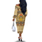 Aker Ancient Egyptian Off The Shoulder Long Sleeve Dress with Hieroglyphic Pattern, Pyramid Symbol, and Twin Lion Guardians Motif - African Pride