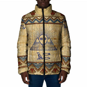 Aker Ancient Egyptian Padded Jacket with Hieroglyphic Pattern, Pyramid Symbol, and Twin Lion Guardians Motif - African Pride