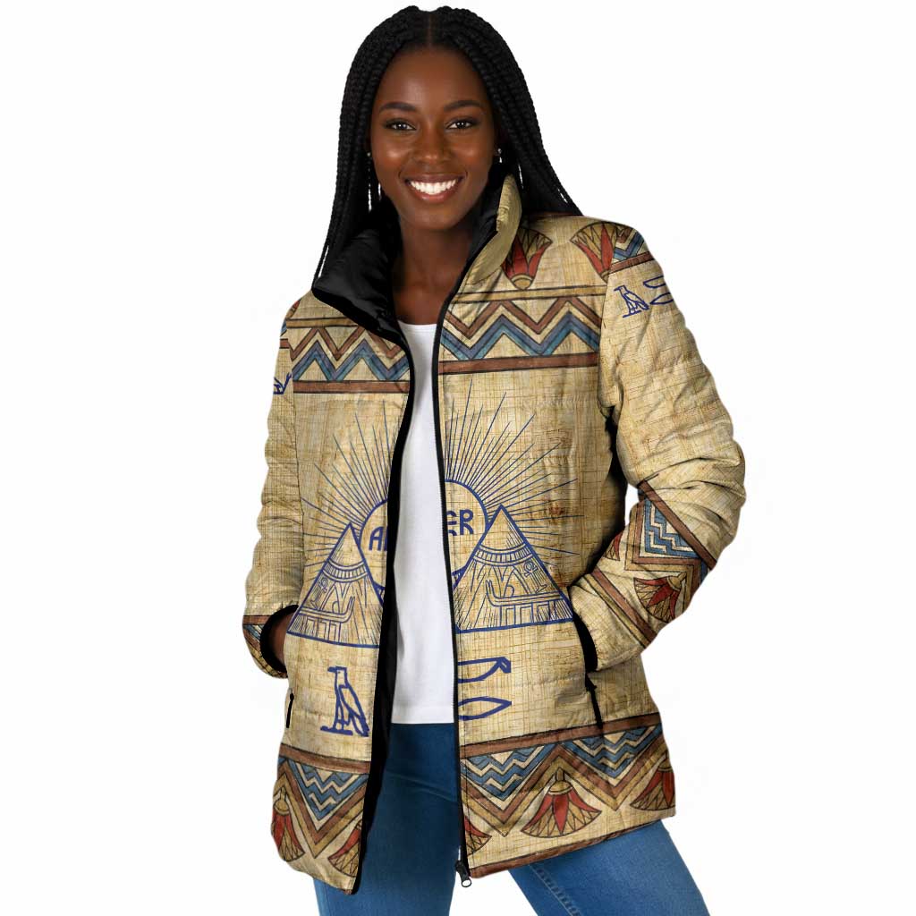 Aker Ancient Egyptian Padded Jacket with Hieroglyphic Pattern, Pyramid Symbol, and Twin Lion Guardians Motif - African Pride