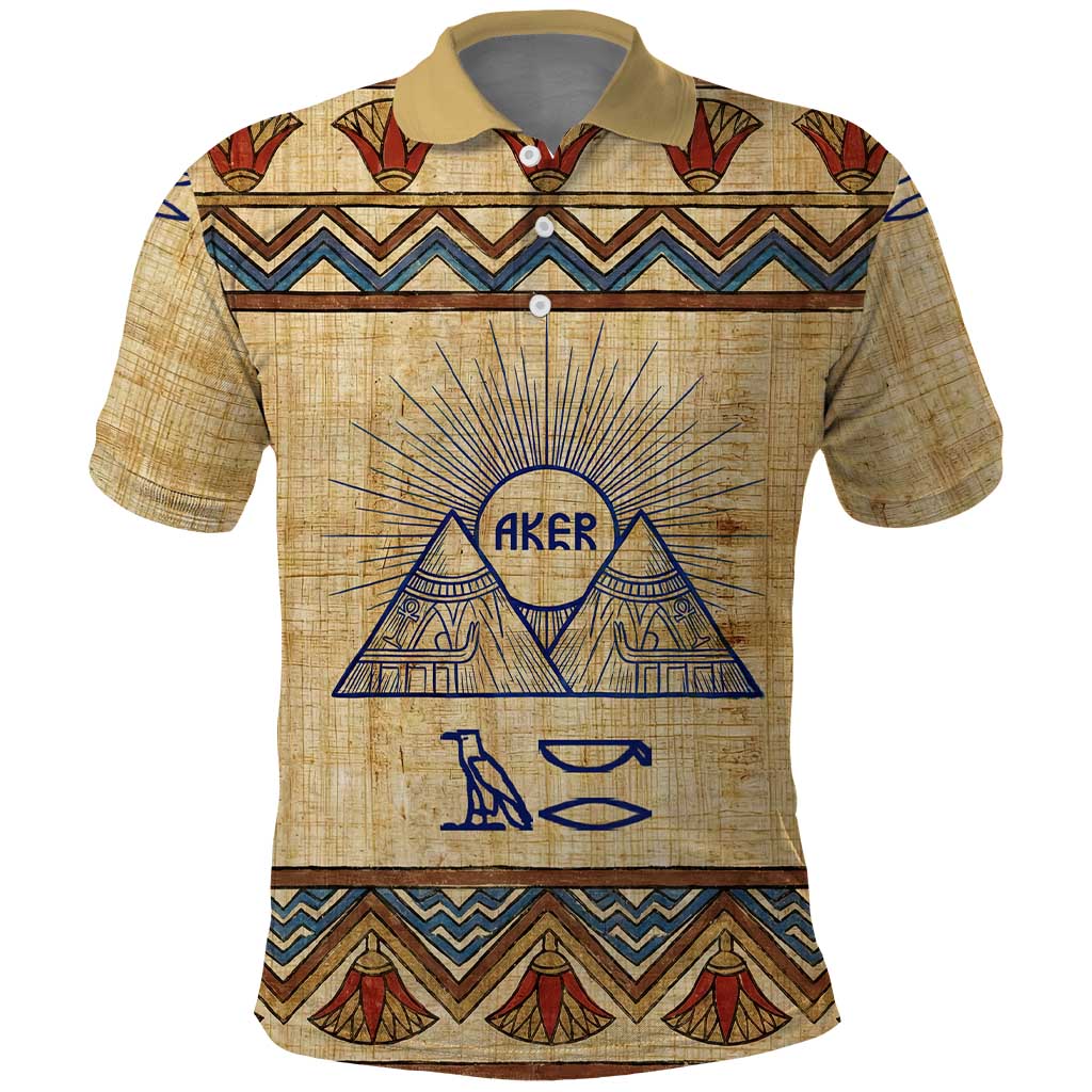 Aker Ancient Egyptian Polo Shirt with Hieroglyphic Pattern, Pyramid Symbol, and Twin Lion Guardians Motif - African Pride