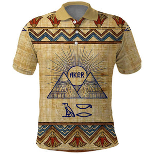 Aker Ancient Egyptian Polo Shirt with Hieroglyphic Pattern, Pyramid Symbol, and Twin Lion Guardians Motif - African Pride