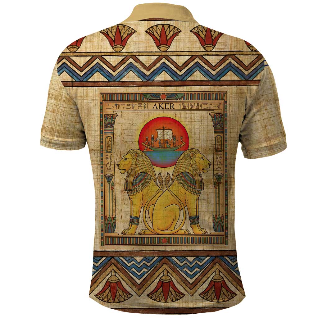 Aker Ancient Egyptian Polo Shirt with Hieroglyphic Pattern, Pyramid Symbol, and Twin Lion Guardians Motif - African Pride