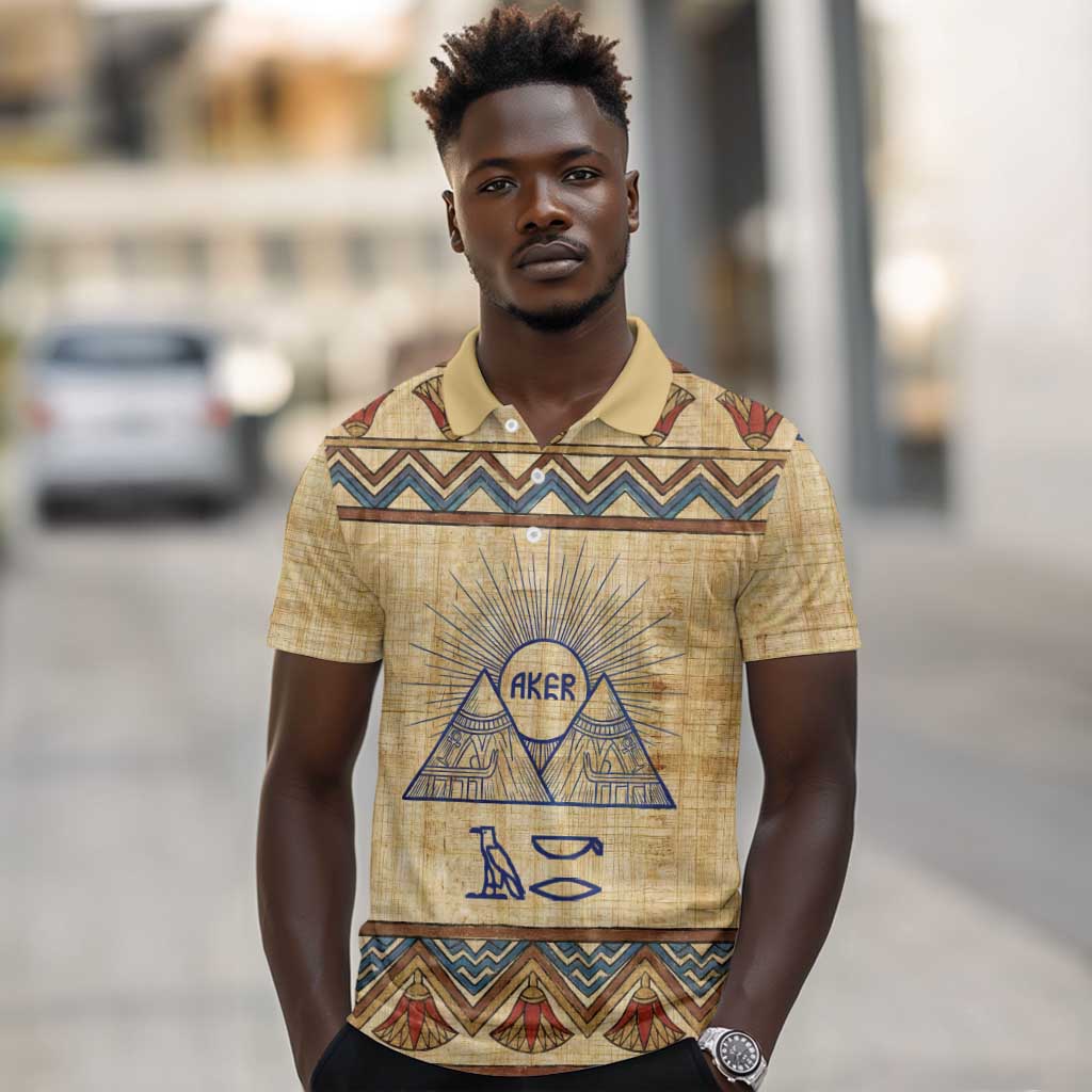 Aker Ancient Egyptian Polo Shirt with Hieroglyphic Pattern, Pyramid Symbol, and Twin Lion Guardians Motif - African Pride