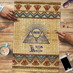 Aker Ancient Egyptian Puzzle with Hieroglyphic Pattern, Pyramid Symbol, and Twin Lion Guardians Motif - African Pride