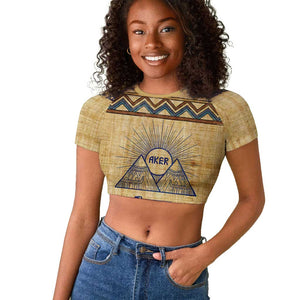 Aker Ancient Egyptian Raglan Cropped T shirt with Hieroglyphic Pattern, Pyramid Symbol, and Twin Lion Guardians Motif - African Pride