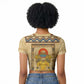 Aker Ancient Egyptian Raglan Cropped T shirt with Hieroglyphic Pattern, Pyramid Symbol, and Twin Lion Guardians Motif - African Pride