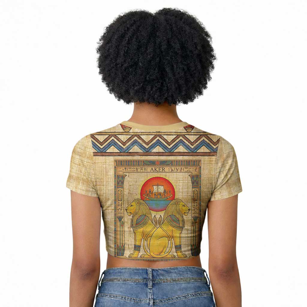 Aker Ancient Egyptian Raglan Cropped T shirt with Hieroglyphic Pattern, Pyramid Symbol, and Twin Lion Guardians Motif - African Pride