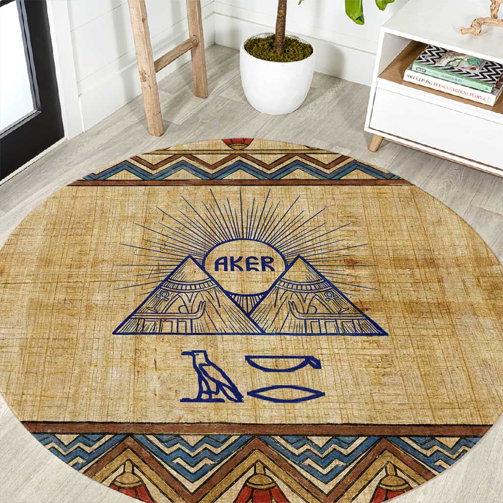 Aker Ancient Egyptian Round Carpet with Hieroglyphic Pattern, Pyramid Symbol, and Twin Lion Guardians Motif - African Pride
