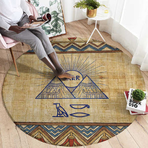 Aker Ancient Egyptian Round Carpet with Hieroglyphic Pattern, Pyramid Symbol, and Twin Lion Guardians Motif - African Pride