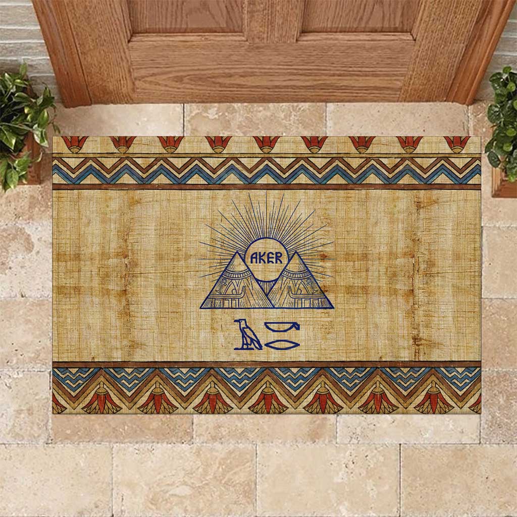 Aker Ancient Egyptian Rubber Doormat with Hieroglyphic Pattern, Pyramid Symbol, and Twin Lion Guardians Motif - African Pride