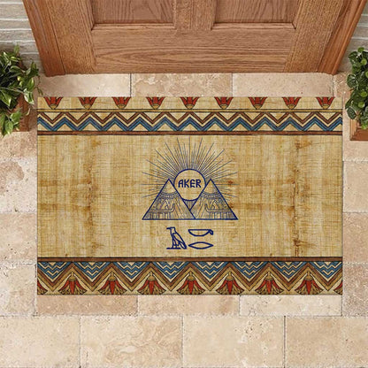 Aker Ancient Egyptian Rubber Doormat with Hieroglyphic Pattern, Pyramid Symbol, and Twin Lion Guardians Motif - African Pride