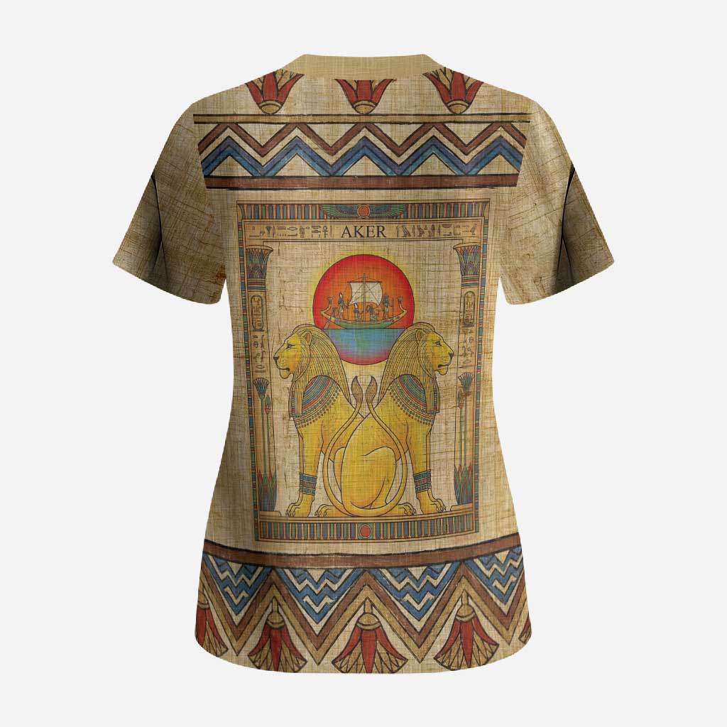 Aker Ancient Egyptian Scrub Top with Hieroglyphic Pattern, Pyramid Symbol, and Twin Lion Guardians Motif - African Pride