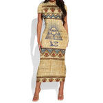 Aker Ancient Egyptian Short Sleeve Bodycon Dress with Hieroglyphic Pattern, Pyramid Symbol, and Twin Lion Guardians Motif - African Pride
