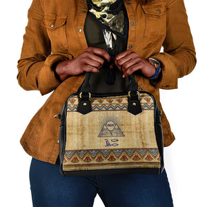 Aker Ancient Egyptian Shoulder Handbag with Hieroglyphic Pattern, Pyramid Symbol, and Twin Lion Guardians Motif - African Pride