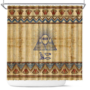 Aker Ancient Egyptian Shower Curtain with Hieroglyphic Pattern, Pyramid Symbol, and Twin Lion Guardians Motif - African Pride
