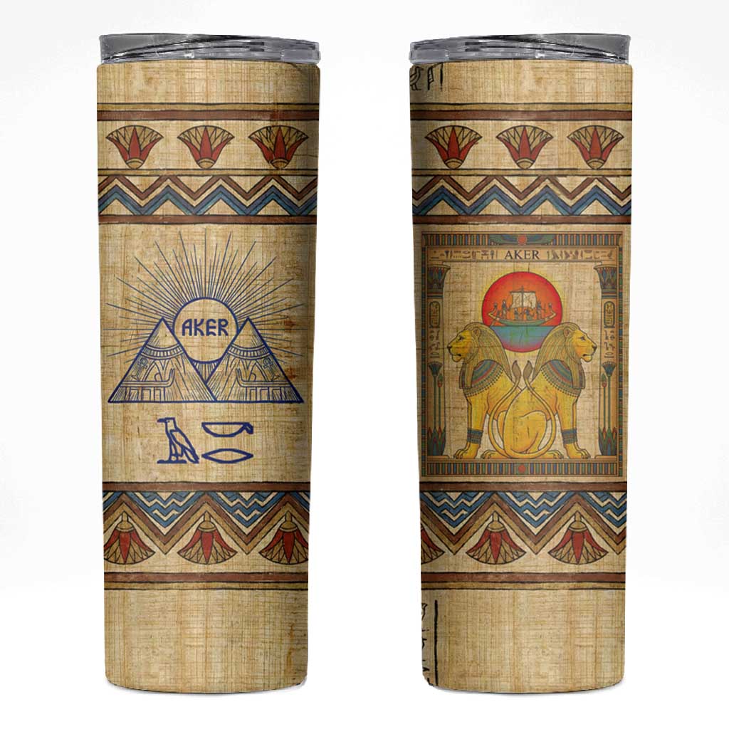Aker Ancient Egyptian Skinny Tumbler with Hieroglyphic Pattern, Pyramid Symbol, and Twin Lion Guardians Motif - African Pride