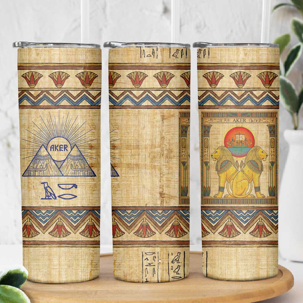 Aker Ancient Egyptian Skinny Tumbler with Hieroglyphic Pattern, Pyramid Symbol, and Twin Lion Guardians Motif - African Pride
